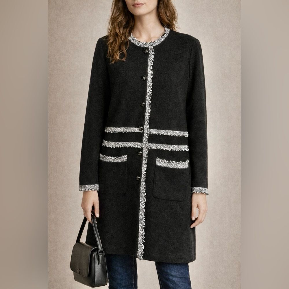 Karl Lagerfeld Paris Black Tweed Trim Long Coat Cardigan Jacket L